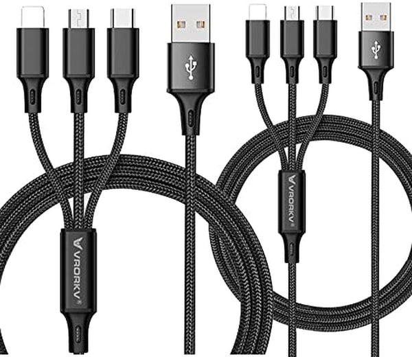 (2 Pack) VRORKV USB Multi Charging Cable USB to Type C/Micro 3 in 1 Universal Charger for Smartphones and Tablets, Nylon Braided 1.2M(4Ft) (Black)