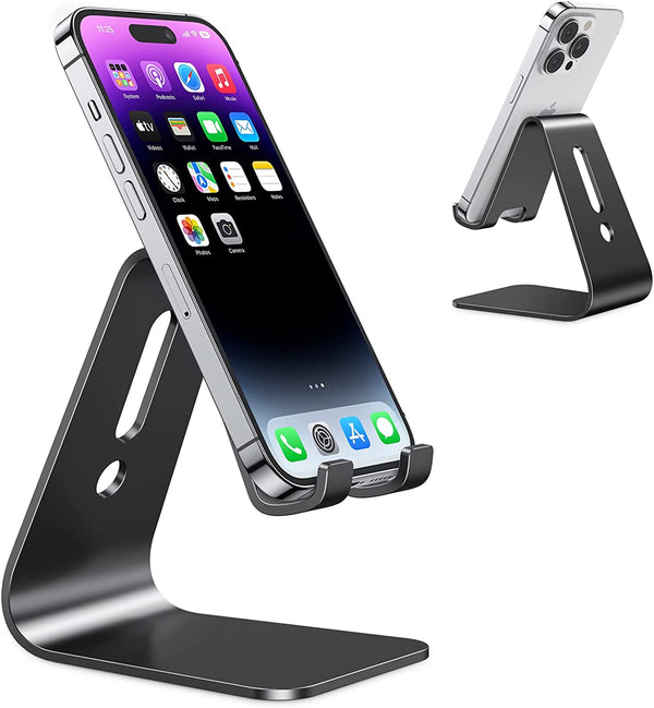 OMOTON Desktop Cell Phone Stand [Updated Solid Version], Advanced 4Mm Thickness Aluminum Stand Holder for Switch, Mobile Phone, Iphone 11 Pro Xs Max Xr, Black
