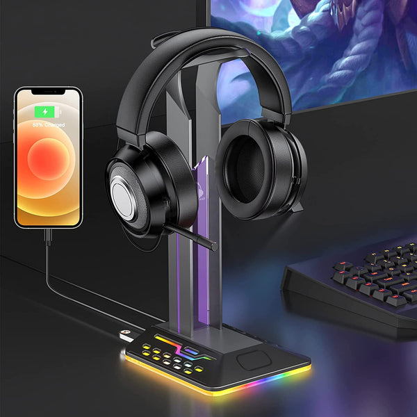 RGB Headphone Stand, Gaming Headset Holder Stand with 2 USB Ports & 7 Lighting Modes, Eocean Desktop Headphone Holder for Gamers Desk Gaming Accessories - for Data Transfer & Charging Device